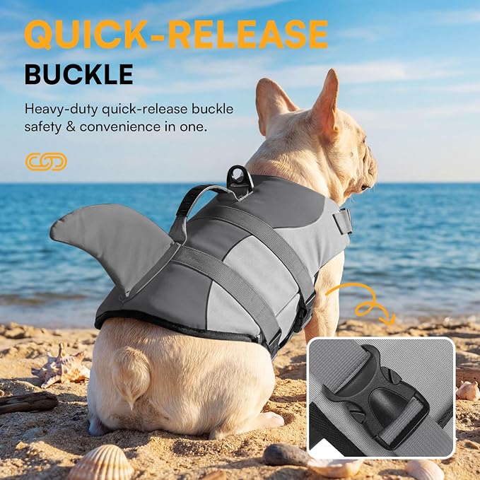 Dog Life Jacket Ripstop Dog Safety Vest Adjustable Preserver with High Buoyancy and Durable Rescue Handle for Small,Medium,Large Dogs, Grey Shark Medium