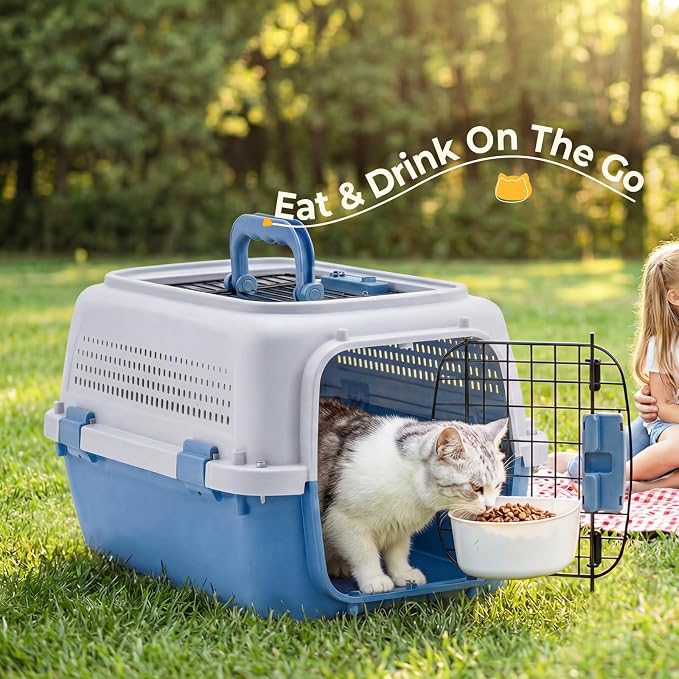 NEWBULIG 23" Hard-Sided Dog Carrier, Plastic Cat & Dog Crate, 4-Sided Ventilation Travel Pet Kennel, Top & Front Door Access, Integrated Food Bowl, for Small Pets up to 22 lbs, Grey & Blue