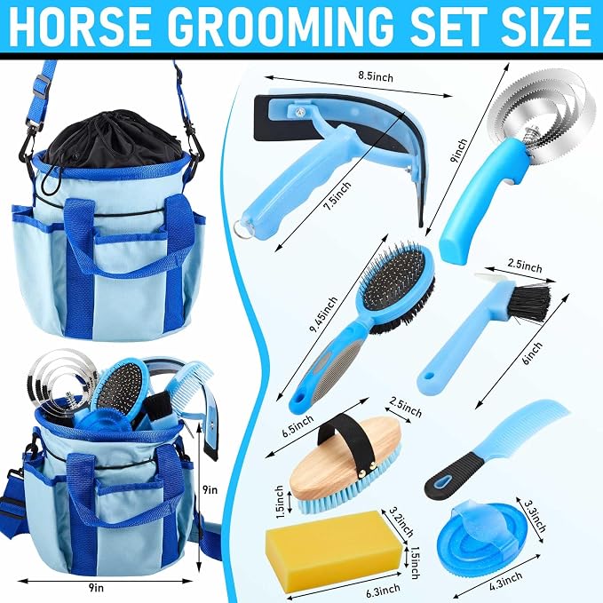 Cunhill 9 Pcs Horse Grooming Kit Tack Room Supplies Set with Tote Bag, Oval Massage Curry, Hard and Soft Brush, Hoof Pick, Sweat Scraper, Bathing Sponge, Comb for Horse Rider(Classic,Light Blue)