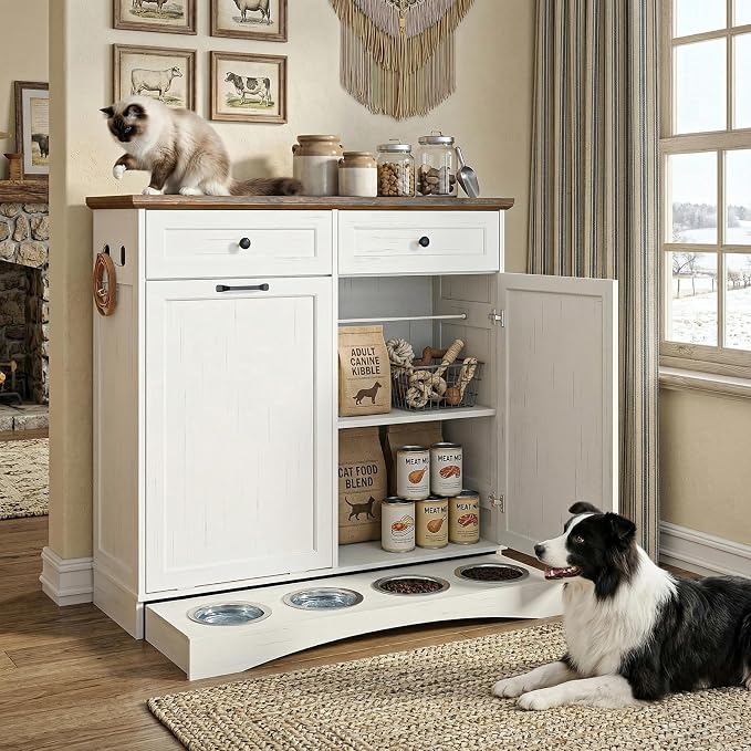 Furnaza Pet Feeding Station with 4 Bowls, Dual Doors Dog Cabinet Storage | White 39.7"W Dual Doors Pet feeding station with storage for dogs and cats, Pet Food Storage for Kitchen, Living Room