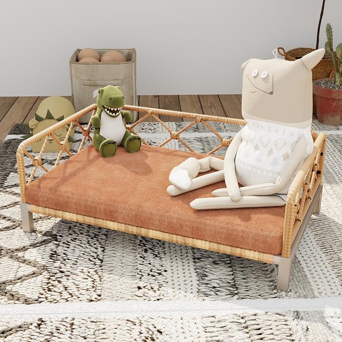 Outdoor Dog Bed, Elevated Dog Couch with Removable Cushion, Waterproof Rattan Wicker Orthopedic Indoor Raised Pet Sofa for Dogs, Cats, Pets (Brown)