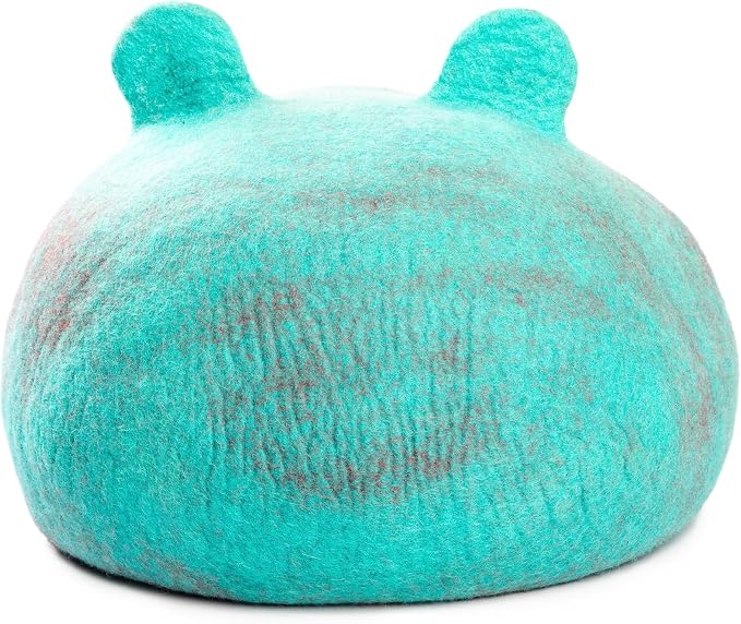 Luxurious Merino Wool Cat Cave - Foldable Hideaway Pod for Indoor Cats - Premium Felt Kitten Pet Enclosure - Covered Cat House for Ultimate Cozy Comfort by Woolygon (Turquoise Frog)