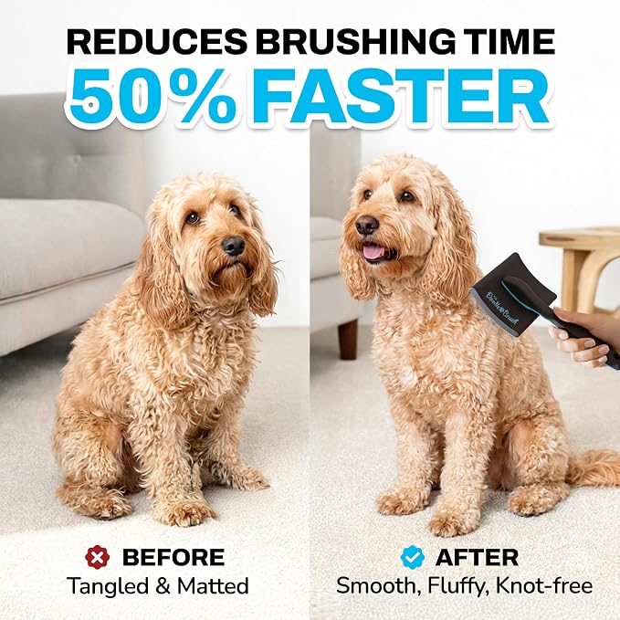 The Doodle Brush Slicker Brush Dog Poodle Brush Detangler, Extra Long Pin | Ergonomic Handle, Goldendoodle, Cockapoo, Cavapoo, Dog Brushes for Grooming, Removes Mats and Tangles, Shiny Coat Pet Brushes