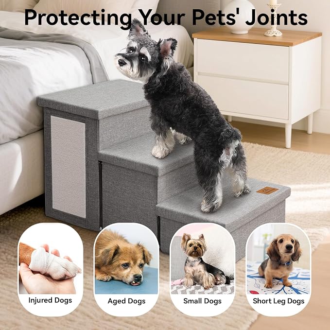 Zerbuger Dog Stairs with Storage, Grey Cat Scratcher 3 Steps Ramp no Condo | 18" H Wider Dog Steps for High Beds Couch, Folding Storage Pet Stairs Gift for Climbing Small/Medium/Large Old Dogs Cats