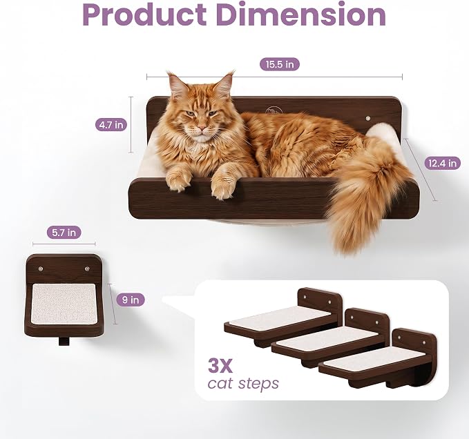 Cat Wall Shelves - Wall Mounted Cat Shelves with Feeding Station | Walnut Finish, Solid Pinewood, Beige Carpet, Supports Up to 33 lbs, Stainless Bowls, Dog-proof, Lounging, Climbing