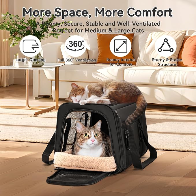 PETSFIT Large Cat Carrier with Patented Safety Buckles,Big Cats Up to 20 lb | Secure Carrier for Safe Driving, Lockable Zippers, Safety Tether, Travel Pet Carrier for Trips & Vet Visits,19 x 12 x 12