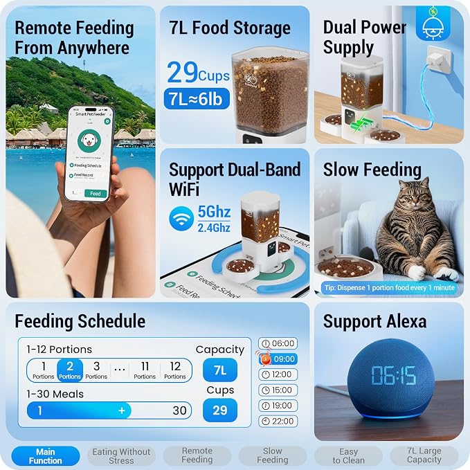 Frienhund 5G WiFi Automatic Cat Feeder 2 Cats: Dual Automatic Dog Feeder with APP Control, Cat Food Dispenser for Multiple Pets, Detachable for Easy Clean, 7L Large Food Storage -29 Cup (ACF190W-C)
