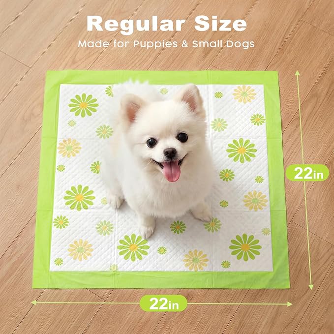 MIZOK Puppy Pads with Adhesive Tabs Green Daisy Prints Small 22x22in 100Ct | Cute Printed Wee Wee Pads for Dogs Feature Fun Designs and Sticky Bottom Strips to Keep Indoor Training Mess Free