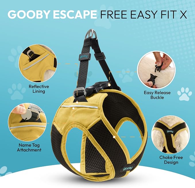 Gooby Escape Free Easy Fit X Step-in Dog Harness, Miami Yellow, X-Large | Patented escape-free, tightens on back-out; Choke-free X-frame + V-neck; Quick-release buckle; Reflective trim