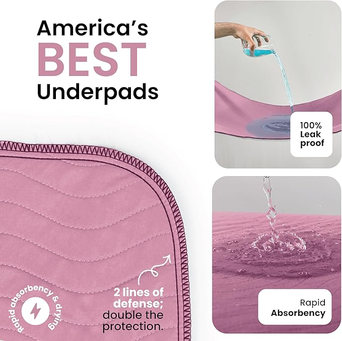 IMPROVIA® Washable Underpads, Heavy Absorbency Reusable Incontinence Pads for Kids, Adults, Elderly, and Pets, Waterproof Protection Floor (Pink, 34"x52" (Pack of 4))