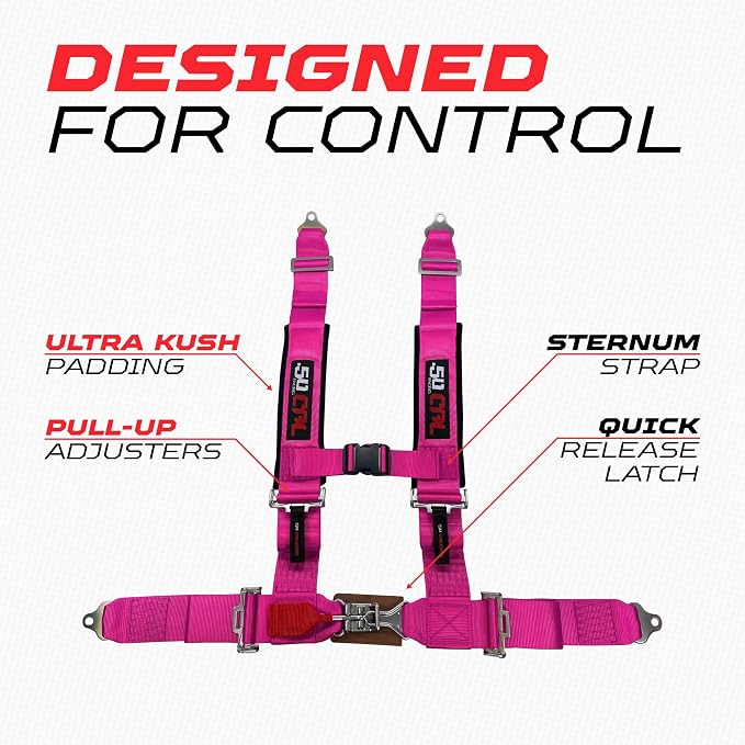 1pc 50 Cal Pink 4 Point Harness 2 inch straps, Racing Harness Seat Belt | Ultra Kush padding, Push Button quick release hardware. Universal Fit for UTV, RZR, race car