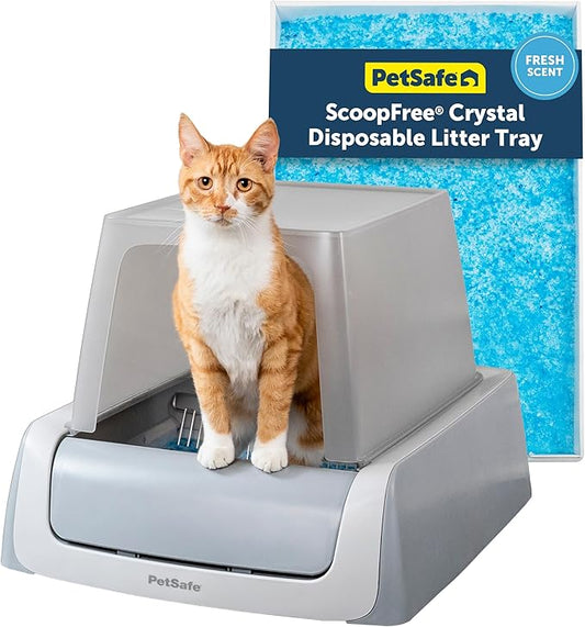 PetSafe ScoopFree Crystal Pro Legacy Automatic Self-Cleaning Cat Litter Box – Enclosed Front-Entry – Includes 1 Disposable Crystal Litter Tray – Advanced Odor Control – Gray (PAL00-16806)