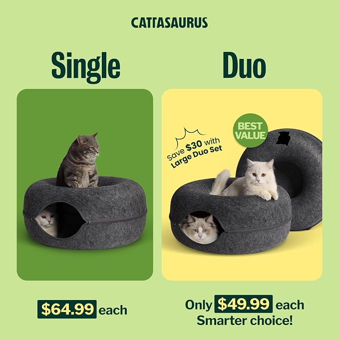 Peekaboo Cat Cave Donut for Multiple & Large Cats up to 30-45 lbs, 3-in-1 Self Warming Cat Bed, Tunnel & Scratcher for Indoor Cats, Washable & Detachable (Dark Gray + Dark Gray, Large)