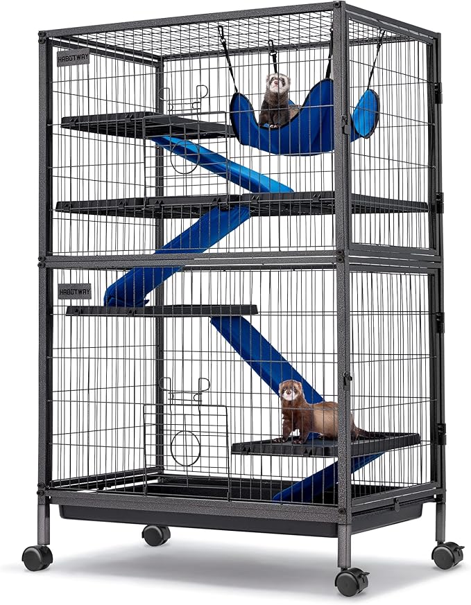 HABUTWAY 50''H Metal Small Animal Cages, Rolling Chinchilla Cage with Removable Ramps, Lagre Cage for Chinchillas/Guinea Pigs/Rabbit, Ferret Cages with Hammock & 5 Tiers, Black