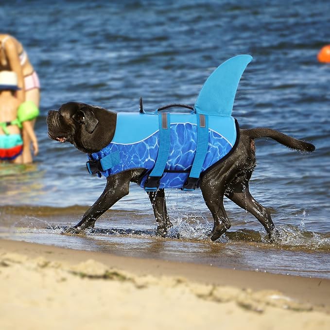 Shark Dog Life Jacket - Adjustable Dog Swimming Vest for Small, Medium, Large Dogs (Blue)