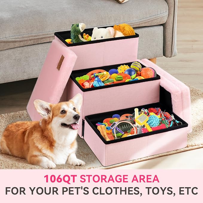 Zerbuger Dog Stairs with Storage, Pink Furry Lids 3 Steps Dog Ramp no Condo | 18" H Wider Dog Steps for High Beds Couch, Folding Storage Pet Stairs Gift for Climbing Small/Medium/Large Old Dogs Cats