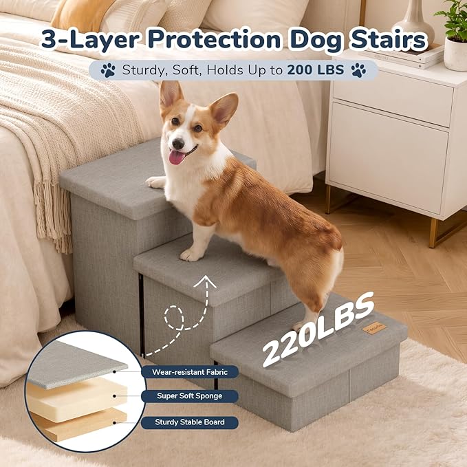 3-Step Dog Stairs for Large Dogs with Storage 18" H, Light Grey | Wide Dog Steps for High Bed Couch Window Car, Jiont-Friendly Pet Stairs Ramp for Small/Medium/Large Old Dogs Cats