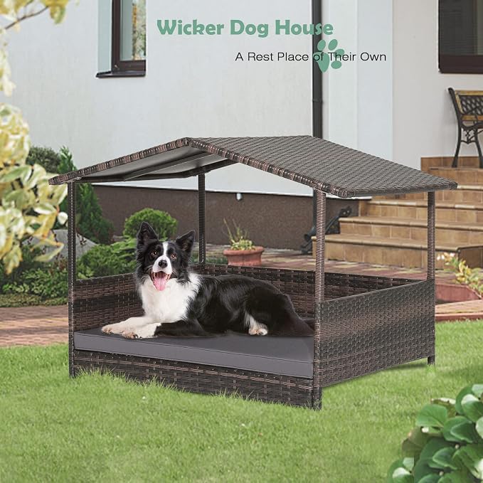 Wicker Dog Bed House, Indoor Outdoor HDPE Rattan Dog Houses, Raised Dog Cot Pet House, Elevated Pets Sofa w/Washable Cover, Waterproof Roof Shelter, Removable Cushion Lounge