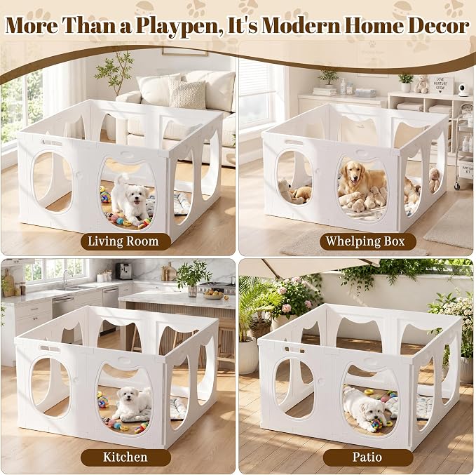 Clear Acrylic Dog Playpen Indoor with Toy & Door (24" H, 8 Panels, White) | Transparent Puppy Playpen for Dogs, Cats, Rabbits or Small Pets, Indoor Modern Dog Play Pen for Home, Easy Clean & Assemble