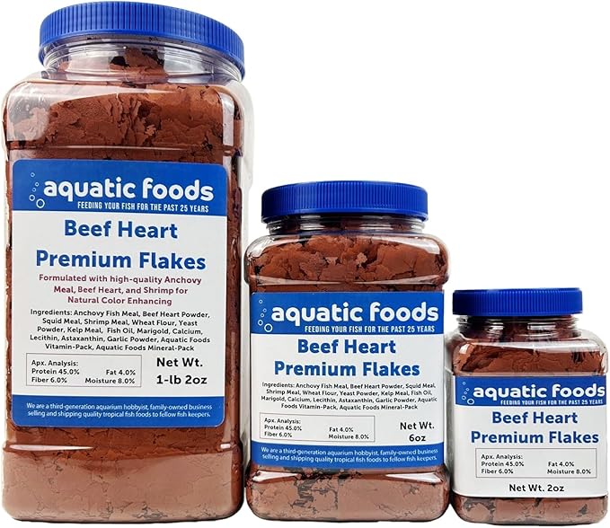 Aquatic Foods Inc. Premium Beef Heart Flakes for Discus, Cichlids, Carnivore Tropical Fish Also Pellet Mix, Wafer Mix Included…6oz Jar