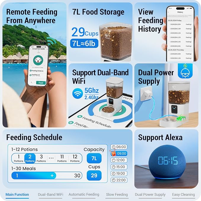 Automatic Cat Feeder with 5G WiFi: Automatic Dog Feeder with Slow Feed & Smart APP Control, 7L Timed Auto Cat Food Dispenser with Alexa for Pets, Detachable for Easy Cleaning - 29 Cups