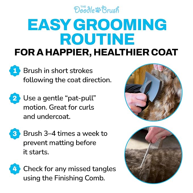 The Doodle Brush Dog Grooming Kit Slicker Brush, Dog Comb Set, Detangler | Extra Long Pins Brushes, Removes Mats, Curly Coats, Stainless Steel Combs, Ergonomic Handle, Gentle Care, Dematting Tools