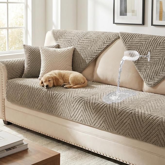 Turquoize Waterproof Couch Cover for Dogs Fuzzy Pet Couch Covers for Sofa Thick Dog Bed Cover Non-Slip Sofa Covers for 2 Cushion Couch Protector Slipcover Pet Friendly (Khaki, 36" x 48")