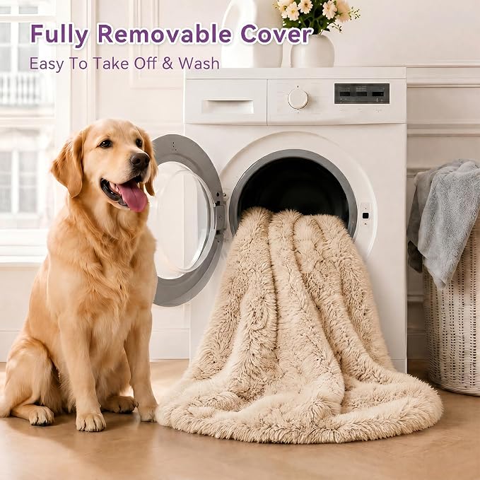 Human Dog Bed with Pillow & Blanket - 71 × 45 × 12 Inch | Oversized Pet Bed for Large Dogs, Leak-Resistant Washable Dog Couch Bed for People & Dogs to Share Beige
