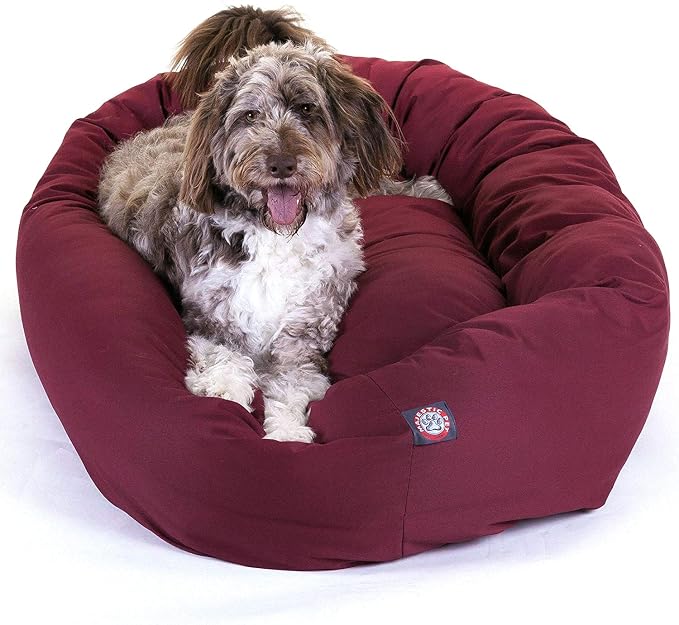 Majestic Pet 52 inch Burgundy Bagel Dog Bed Products | Cozy Soft Fluffy Donut Pet Bed with Spine Support for Head Rest – Anti-Anxiety Comfort for Puppies & Dogs, 52x35x11 Inches