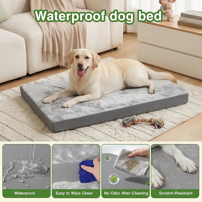 Waterproof Large Dog Bed, Washable Outdoor XL Pet Foam Pad 44x32 Anti-Slip | Extra Large Orthopedic Pet Bed, Durable Removable Cover, Reversible Faux Leather & Flannel, Dog Sleeping Mats,Gray