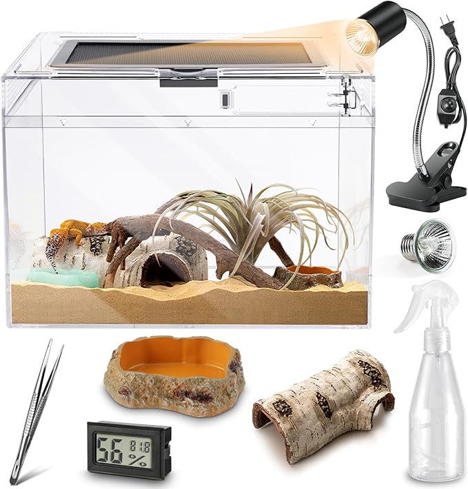 HELIME Reptile Polycarbonate Terrarium Kit 7 Piece Starter Habitat for Tarantula,Lizards,Frogs,Geckos,or Hermit Crabs,Tank with Escape-Proof Locking Lid,Light,Hygrometer,Hide,Tweezer,Bowl,Sprayer XL