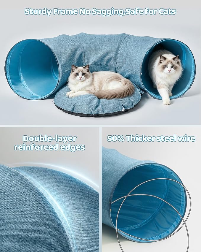 Odoland Linen Cat Tunnels with Central Cat Bed, Interactive Cat Toys Detachable Washable Soft Mat Large Indoor Play Tunnel Cave for Kittens and Small Animals