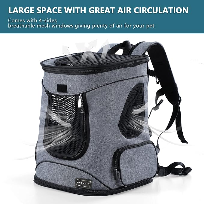 Petsfit Dog and Cat Backpack Carrier, Padded Waist Support, Up to 18 lb | 13.5 x 12.5 x 17.5 in; reinforced frame, 600D Oxford, 4 mesh panels, lockable zippers, safety tether and washable mat.
