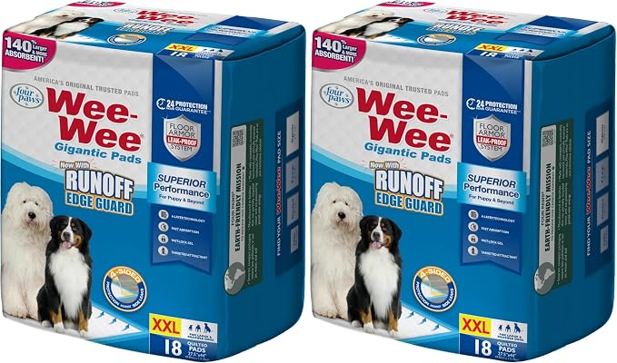 Four Paws Wee-Wee Superior Performance Gigantic Dog Pee Pads, 18 Count (Pack of 2)