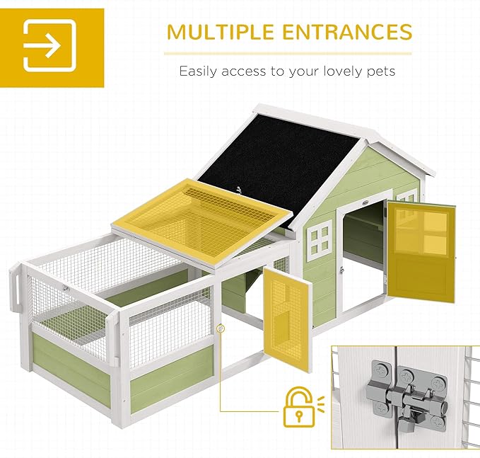 PawHut Rabbit Hutch, Outdoor Rabbit Cage or Guinea Pig Cage with Asphalt Roof, Handle, Wheels, 64 Inch Wooden Bunny Cage for Rabbits, Chickens, Ducks, Small Animals, Multicolor