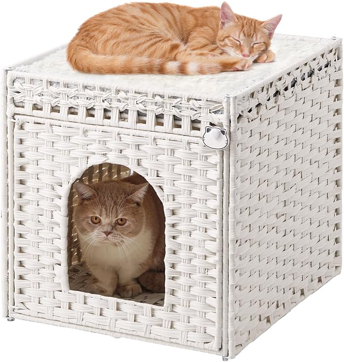 SETVSON Cat Houses for Indoor Cats Extra Large Double Cat Cave, White | Decorative Furniture Look, Private Hideaway for Shy Cats, Soft Dual-Purpose Cushion, Easy Wipe-Clean PE Rattan, Collapsible