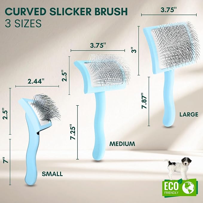 Pet Slicker Brush With Soft Massage Grooming Stainless Steel Pins - For Dematting, Shedding Fur, and Undercoat - Ideal Gift for Professional Pet Groomers - Long Slicker Brush (Blue, Curved Small)
