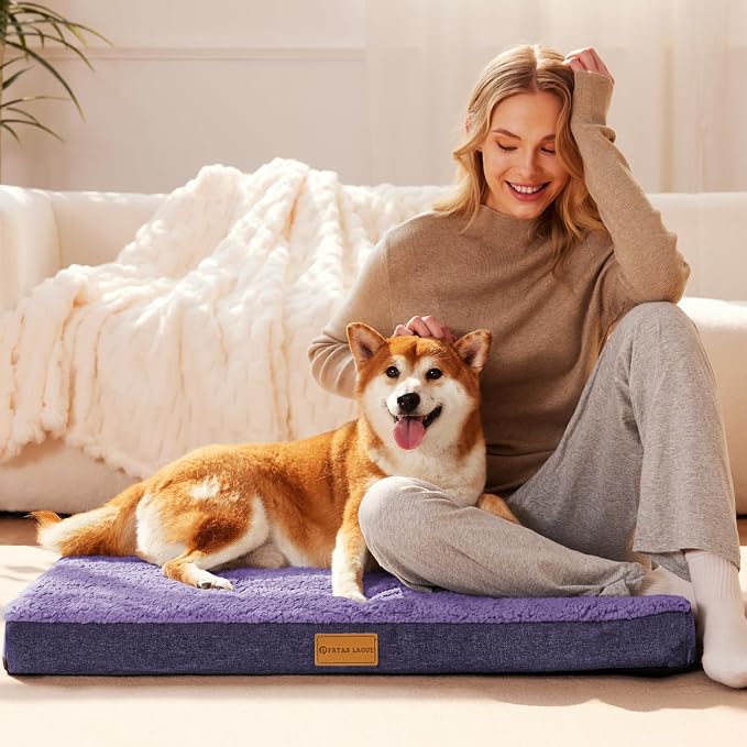 Patas Lague Orthopedic Large Dog Bed Washable Pet Sofa Mat 42''X28''Purple | Egg-Crate Foam Dog Couch For Large Sized Dogs, Waterproof Removable Cover, Soft Pet Crate Bed With Nonskid Bottom