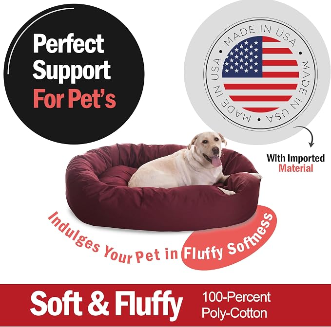 Majestic Pet 52 inch Burgundy Bagel Dog Bed Products | Cozy Soft Fluffy Donut Pet Bed with Spine Support for Head Rest – Anti-Anxiety Comfort for Puppies & Dogs, 52x35x11 Inches