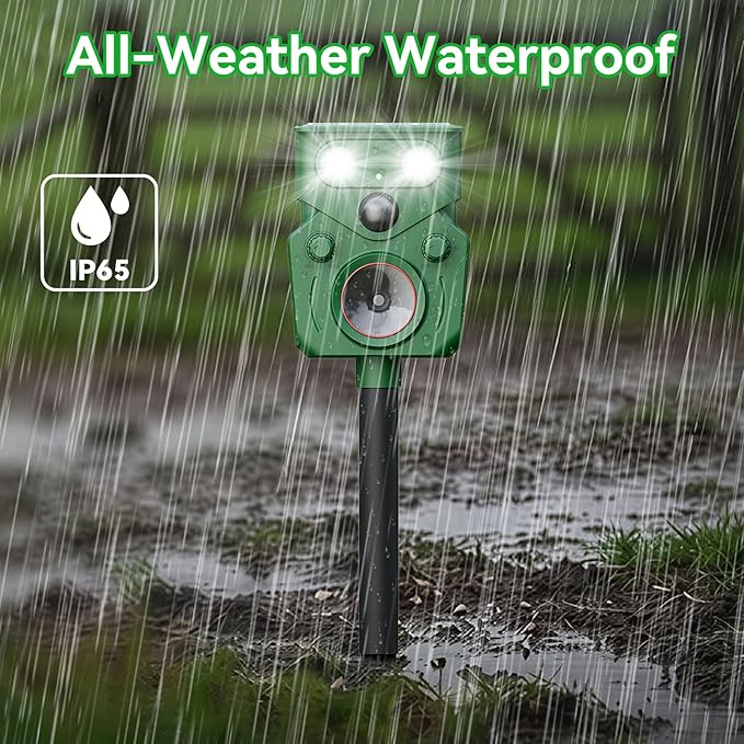 Ultrasonic Animal Repeller Solar Powered Squirrel Repeller Motion Sensor Deer Deterrent Rabbit Cat Dog Control Device with 5 Modes and Flashing Lights Outdoor Yard Lawn Orchard Garden