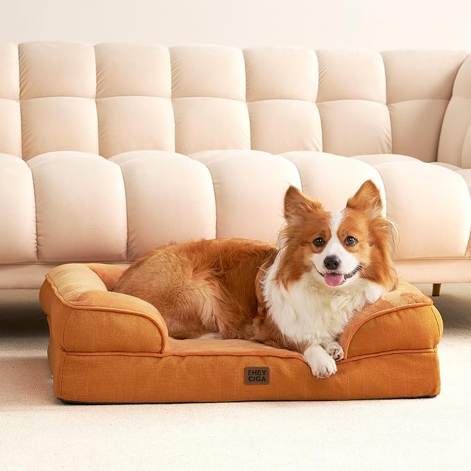 EHEYCIGA Orthopedic Dog Beds Large Sized Dog, Waterproof Washable Pet Bed | Non-Slip Bottom and Egg-Crate Memory Foam XL Dog Couch Bed with Washable Removable Cover, Pumpkin Orange, 41Inch