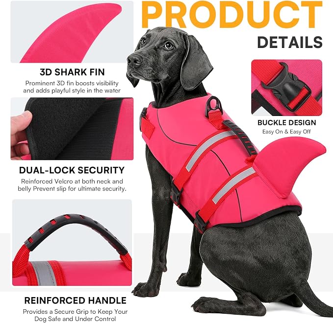 Dog Life Jacket High Flotation, Reflective Dog Life Vest for Swimming, Adjustable Dogs Life Preserver Rescue Handle Spring Summer Pool for Small, Medium, Large Dogs (Rosepink,XL)