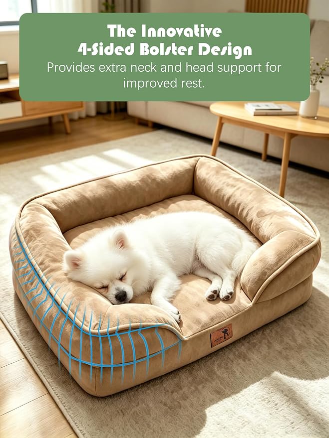 Spotted Play Orthopedic Dog Bed with Sides - Sofa Beds for Small Dogs, Supportive Foam Pet Couch Bed with Washable Removable Cover, Waterproof Lining and Non-Slip Bottom, Brown - S
