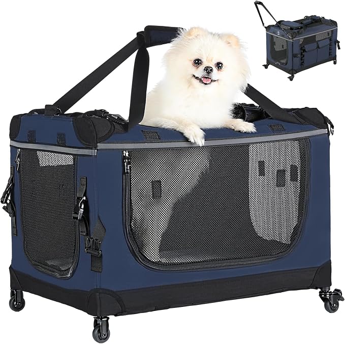 PEGIC 24" Collapsible Rolling Dog Crate for Small Dogs Up to 33 lbs | Detachable Wheel Pet Carrier, Soft-Sided Travel Kennel, Mesh Windows, Foldable for Car, Vet Visits & Road Trips, Indoor Use