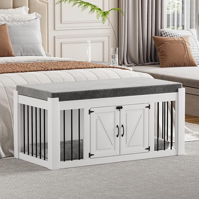 Dog Crate Furniture with Padded Seat, Luxury Wooden Dog Kennel, End of Bed Bench Ottoman with Removable Cushion for Bedroom, Living Roome, White