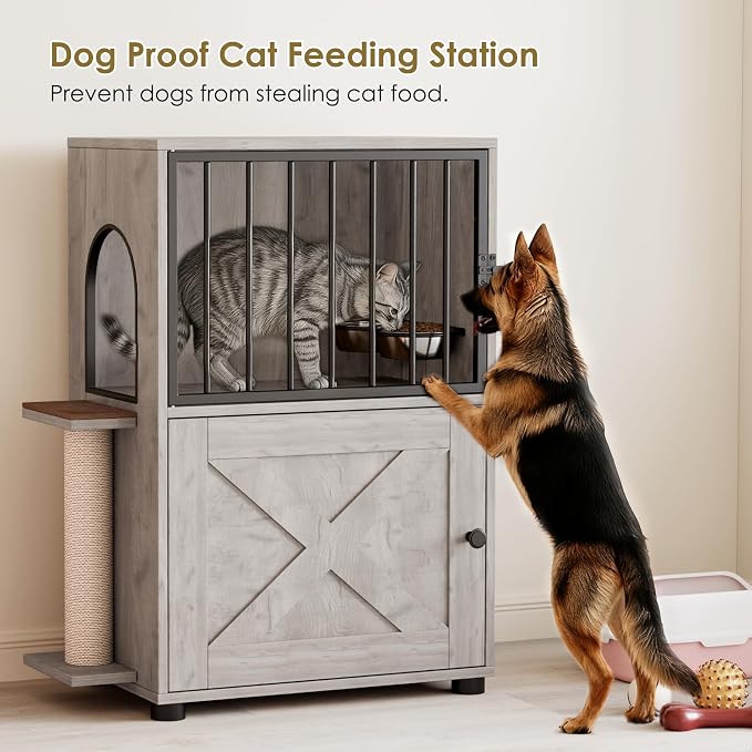 Dog Proof Cat Feeding Station, Dog Proof Cat Feeder, Cat Food Table, Gray | Cat Feeding Station with Scratching Post, Elevated Cat Food Bowls with Stand, Pet Food Storage Cabinet, Cat House