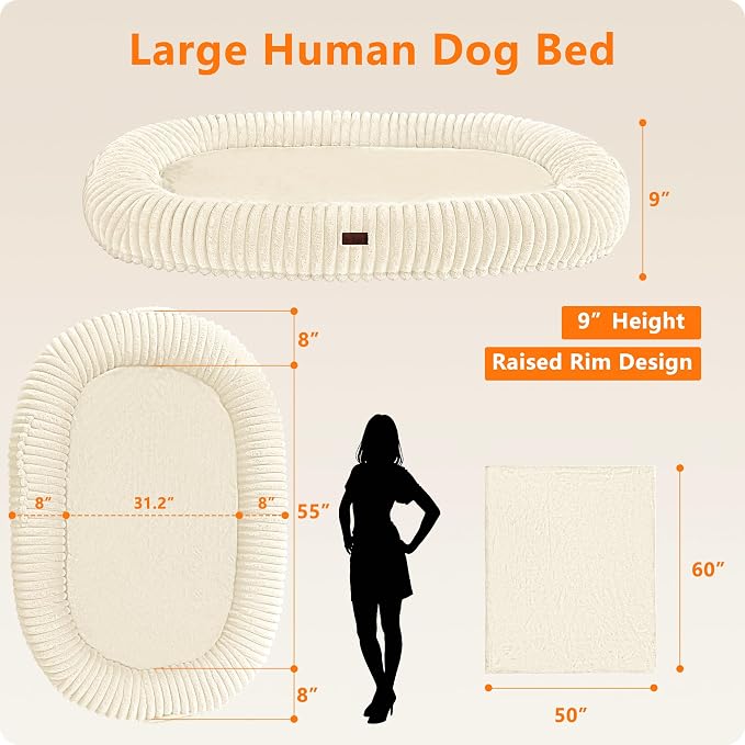 Human Dog Bed for Adult, Orthopedic Gel Memory Foam, 71"x47"x9" | Human Dog Bed Fits Adult & Pets, Reversible Egg-Crate Foam Cushion, Washable Pet Bed with Blanket, Beige