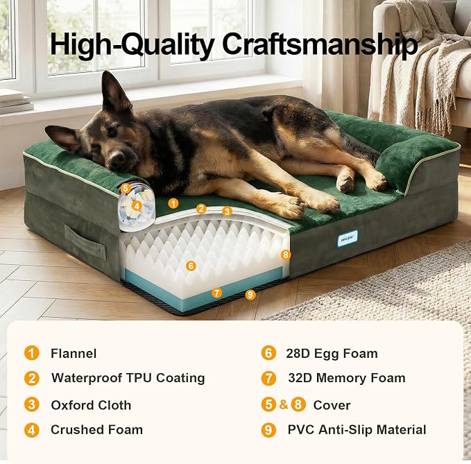 OhGeni Orthopedic Extra Large Dog Bed Couch, Memory Foam, 44-inch (Green) | Waterproof Pet Bed with Machine-Washable Removable Cover & Soft Comfortable Fabric