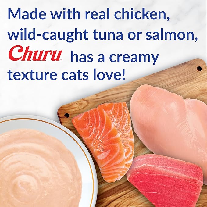 INABA Churu Cat Treats, Lickable, Squeezable Creamy Purée Cat Treat with Green Tea Extract & Taurine, 0.5 Ounces Each Tube, 50 Tubes, Tuna Variety