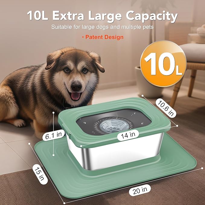 Decflow 10L Stainless Steel Dog Water Bowl, No Spill Anti-Splash Bowls | Slow Drinking for Messy Drinkers, XXl Anti-Skid Silicone Mat,Heavy Duty Pet Bowls for Indoor/Outdoor Use